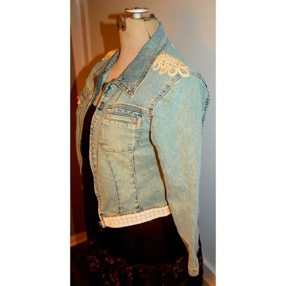 Denim Jean Jacket Upcycled Vintage Distressed Military Style - Picture 2 of 9